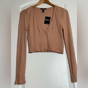 Y2K Ribbed Wrap V-Neck Knit Crop Top Apricot Large sexy top NWT